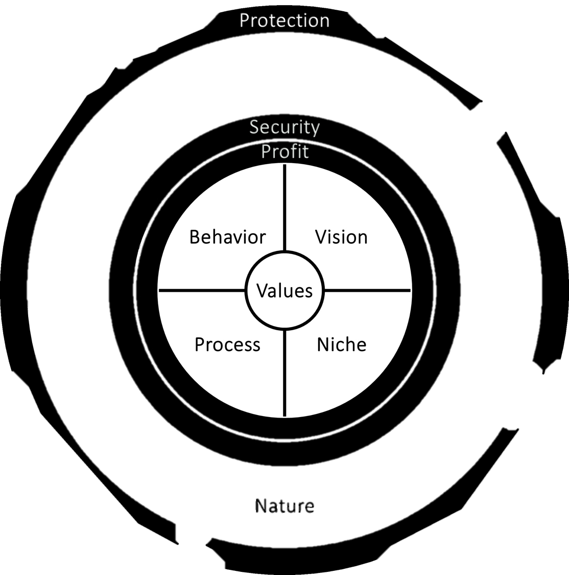 Business model diagram: values, behavior, vision, process, niche, profit, security, nature, protection